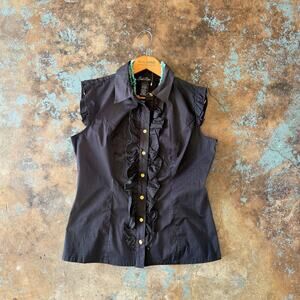 Vintage Y2K Black Ruffle Front Top Size XL 15 17 Cap Sleeve Corpcore Button Up